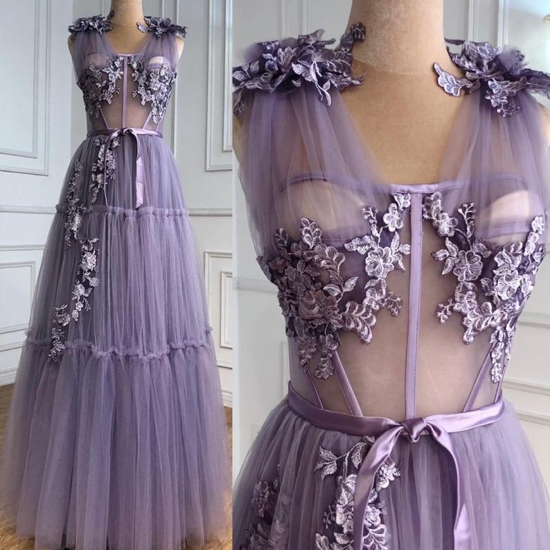 A-line Lilac Flowers Evening Dresses Perspective Floral Formal Party Wear Gown Dubai Evening Dress,pl2926