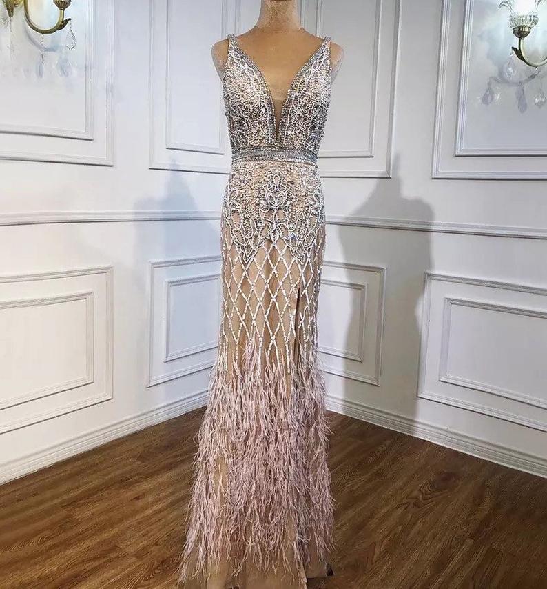 Luxury Feathered Plunge V Neck Evening Dress Heavy Beading Sequined Formal Party Wear Gown Dubai Evening Dress,pl2928