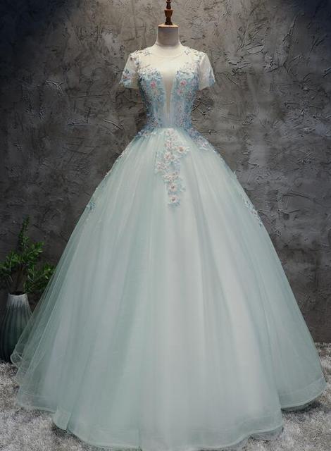 Gorgeous Mint Green Tulle Cap Sleeves Floral Sweet 16 Dress, Charming Prom Dress,pl2938