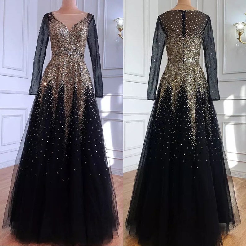 A-line Black And Gold Sparkle Sequinned Beaded Evening Dress Bridal Bridesmaid Moroccan Dubai Style Dress Party Modest Dress,pl2974