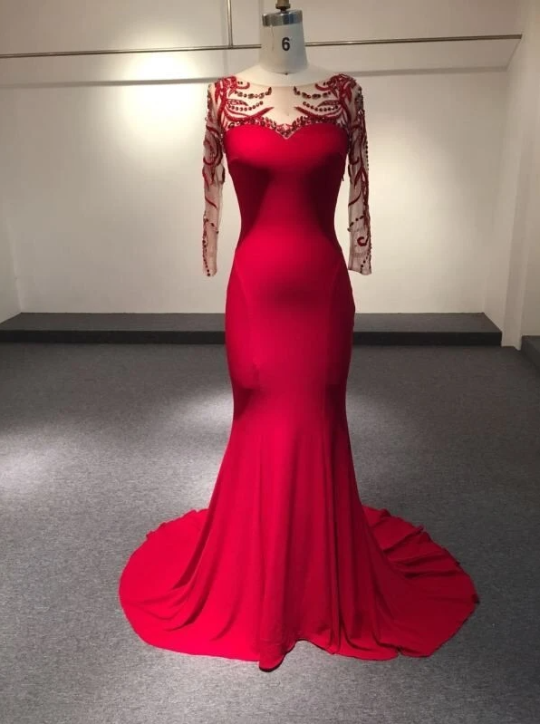 Vestido De Festa Red Fushia Real Photo Formal Evening Dress With Long Sleeve And High Collar Beadings Mermaid Prom Dress,pl2980