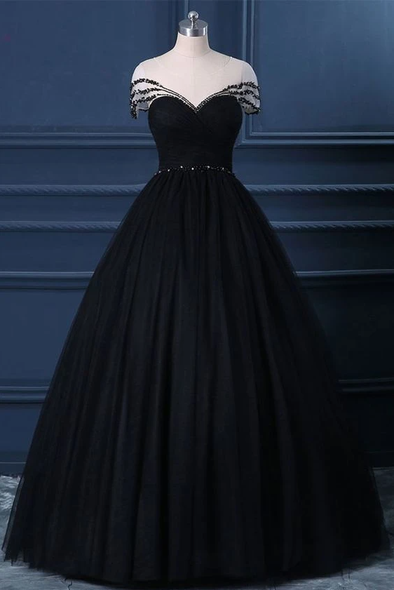 Black Tulle Cap Sleeve Black Tulle Crystal Long Formal Prom Dress, Party Dress,pl3001