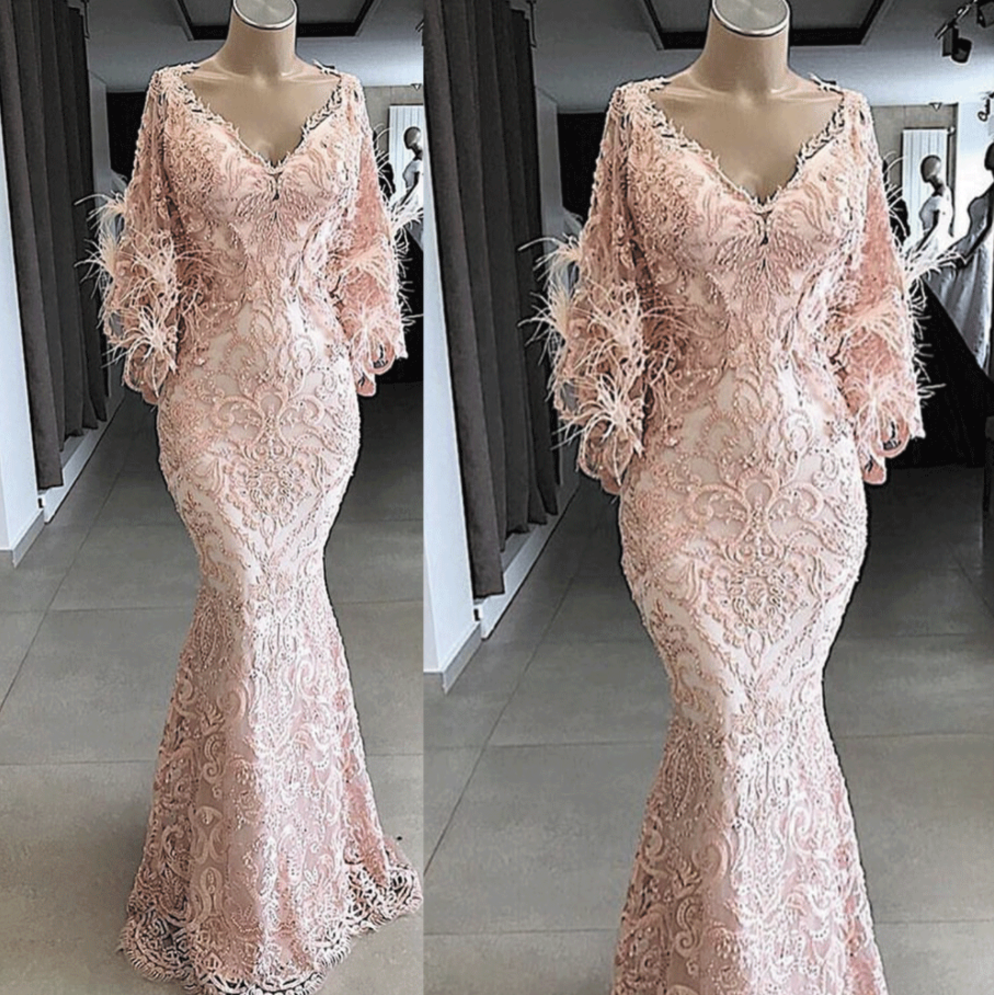 Feather Evening Dresses Long Pink Lace Applique V Neck Modest Elegant Mermaid Luxury Evening Gown Robe De Soriee 2021,pl3007