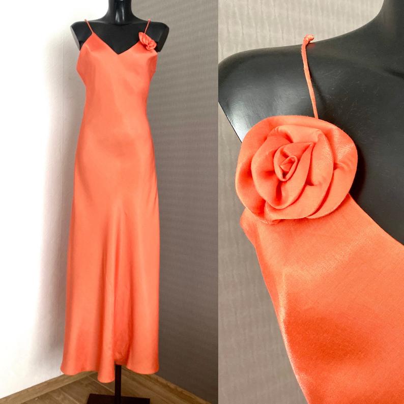 Women's Elegant Evening Party Orange Chameleon Dress Tight 90's Vintage Retro Sleeveless Spaghetti Straps Glossy Gown Maxi