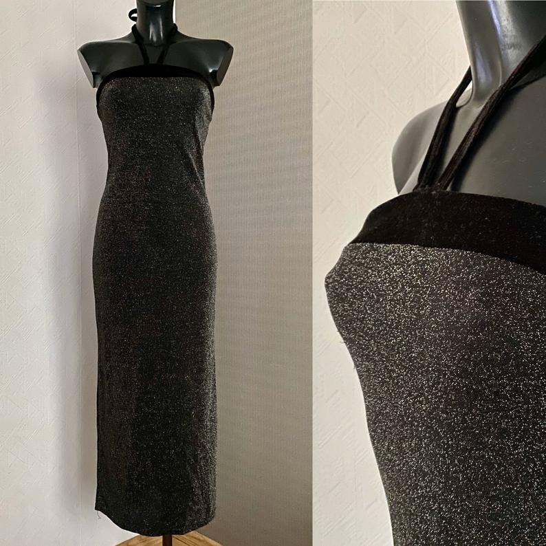 Evening Cocktail Dress 90's Black Silver Metalic Dress Velvet Sleeveless Sexy Open Back Dress Made In France Ball Gown Party