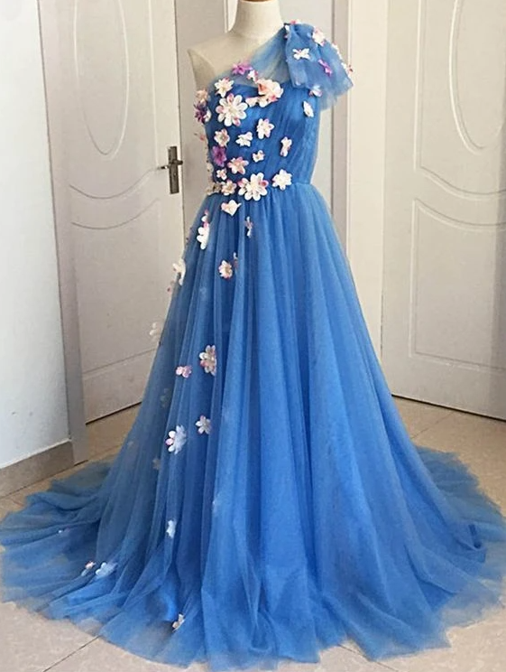 One Shoulder Prom Dresses A-line Long Hand-made Flower Long Prom Dress Fashion Evening Dress,pl3032