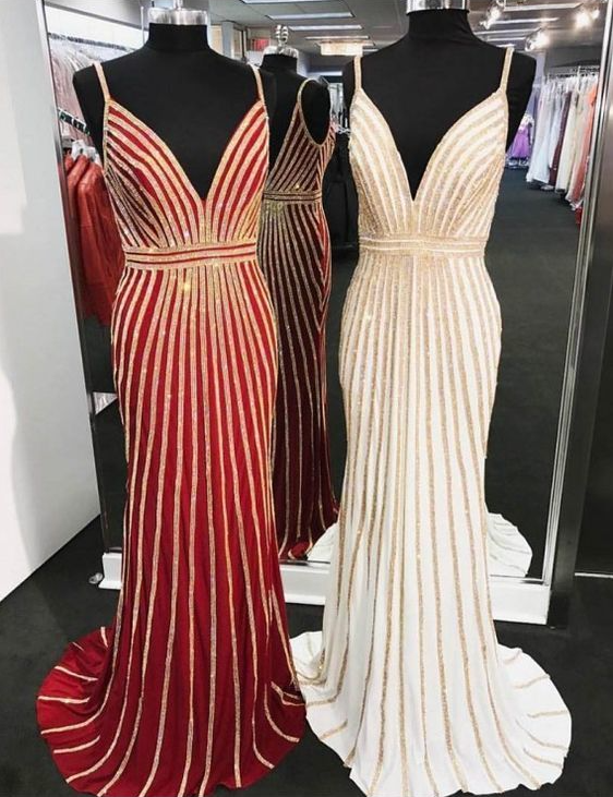 Charming Red/white Sexy V-neck Beading Backless Sweep Train Prom Dress With Spaghetti Straps,pl3057