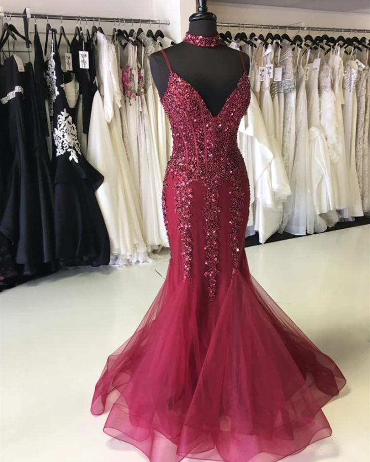 Beaded Long Mermaid Prom Dresses With Spaghetti Straps Elegant Formal Evening Gown Party Dress Senior Junior,pl3060