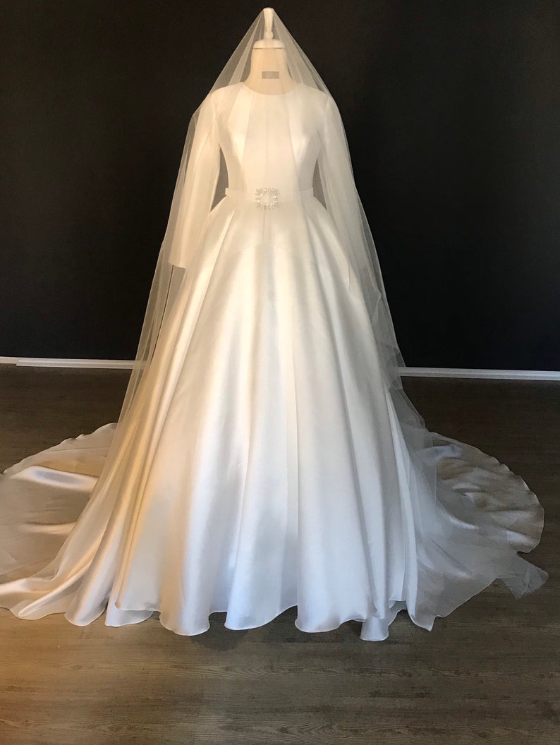 Minimalist Wedding Dress, Long Sleeve ,mikado Silk Wedding Dress, Ball Gown Wedding Dress With Crsytal Belt Details. Made To Measure,pl3062