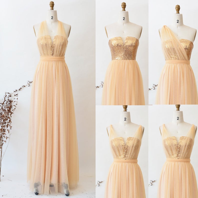 Gold Sequin Bridesmaid Dress Long Convertible Dress, Infinity Dress, Wedding Party Maxi Dress Floor Length Tulle Dress,pl3081