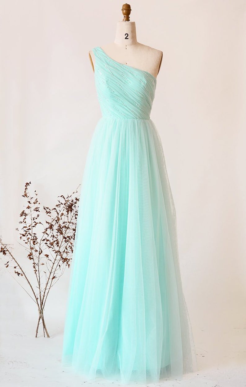 Mint Bridesmaid Dress Long, One Shoulder Tulle With Beaded Prom Dress, Simple Floor Length Wedding Party Dress, Maxi Dresses,pl3085