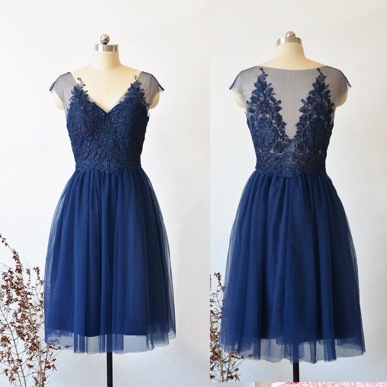 Short Bridesmaid Dress, Plus Size Short Prom Dress, Custom Navy Blue Wedding Party Dress Lace With Soft Tull Women Maxi Dress Formal Dress,pl3090