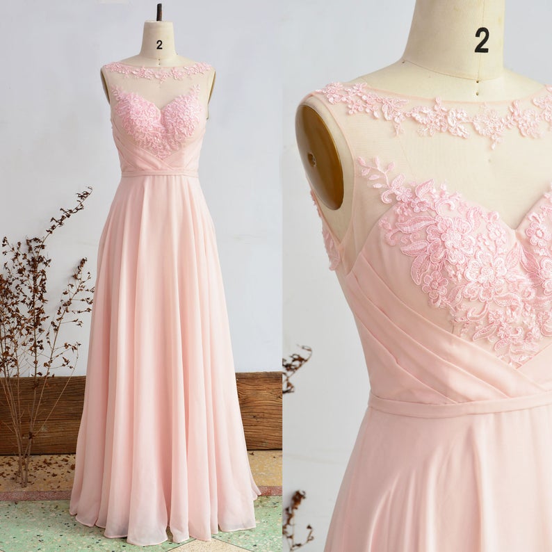 Blush Bridesmaid Dress Long Pink Chiffon Prom Dress, Boat Neck Wedding Dress, A-line Lace Party Dress Maxi Women Dress,pl3096