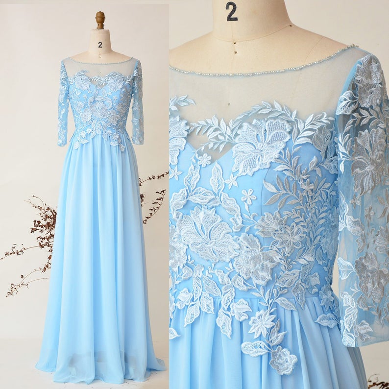 Blue Bridesmaid Dress With Sleeves Long Lace Prom Dress Sweetheart