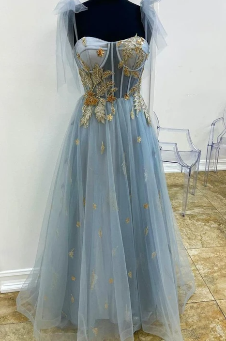 A-line Blue And Gold Appliqed Long Formal Dress Prom Dress,pl3113