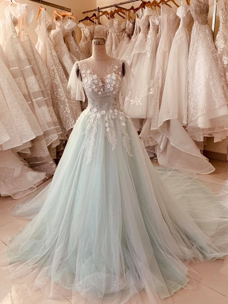 Pastel Mint Green Floral Lace Flutter Sleeve Ball Gown Wedding Dress With Court Train & Glitter Tulle,pl3119