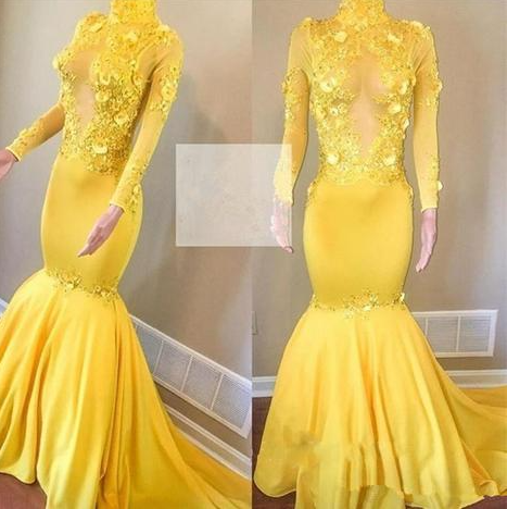 Yellow Prom Dresses Long Sleeve Mermaid High Neck Vintage African Evening Gown See Through,pl3151