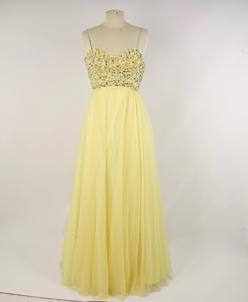 Pale Yellow Chiffon Mike Benet Floor Length Ball Gown 60s Vintage Beaded Prom Dress,pl3187