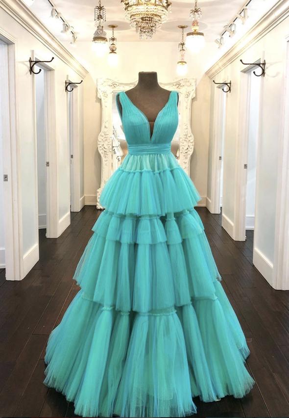 A Line V-neck Tulle Ombre Prom Dresses, Beading Long Evening Dress main image 1