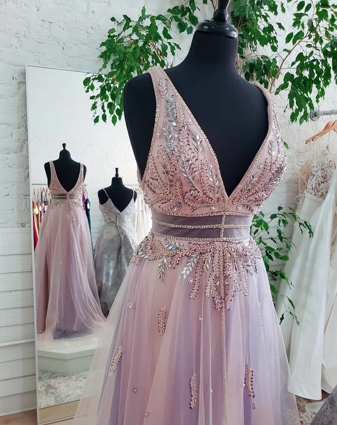 Charming V Neck Open Back Beading Tulle Long Prom Dress Formal Gowns ,pl3200