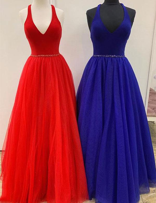 Simple Red Prom Dresses V Neck Beading Navy Blue Prom Dresses,pl3284