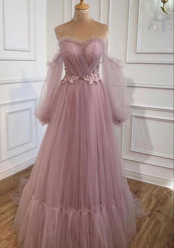 Elegant Mauve Tulle Prom Dresses Princess Style Puffy Sleeves ,pl3311