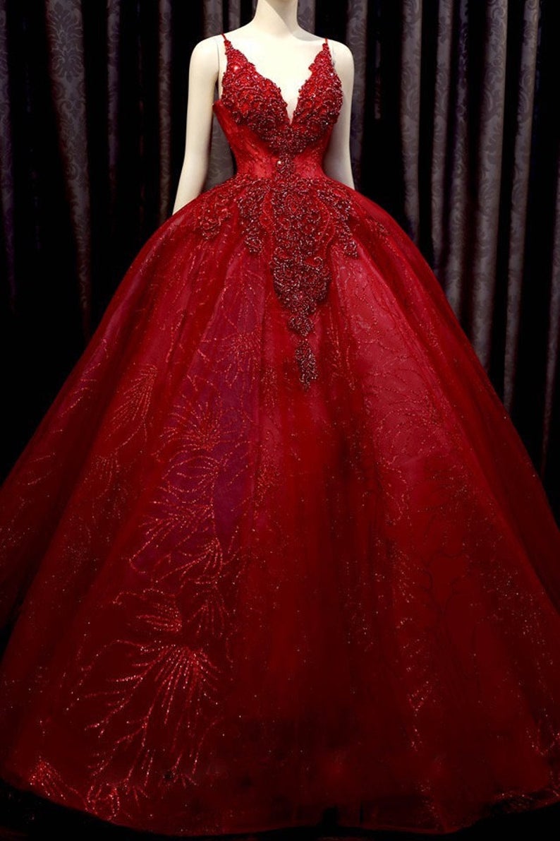 Deep Red Sparkle Beaded Thin Strap V Neck Ball Gown Wedding Dress With Bow Back, Sweep Train & Glitter Tulle,pl3341