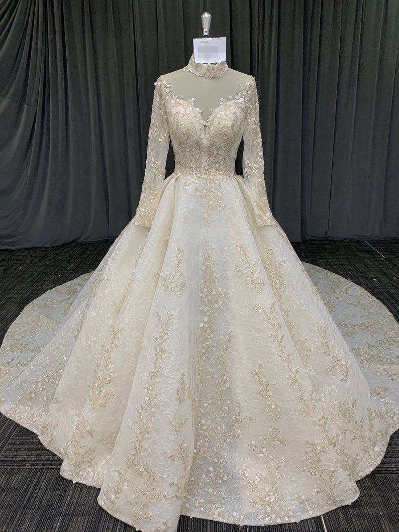 Fairy Wedding Dress, Gold Beading Princess Wedding Ball Gown, Lace