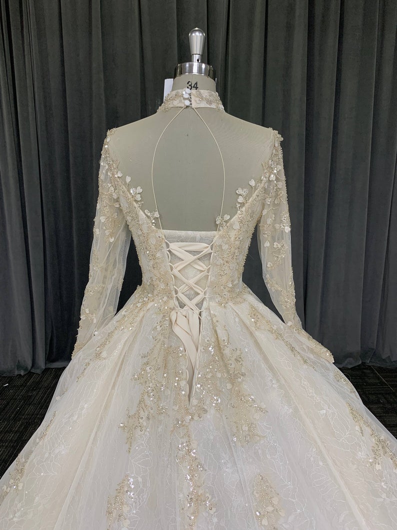 Fairy Wedding Dress, Gold Beading Princess Wedding Ball Gown, Lace