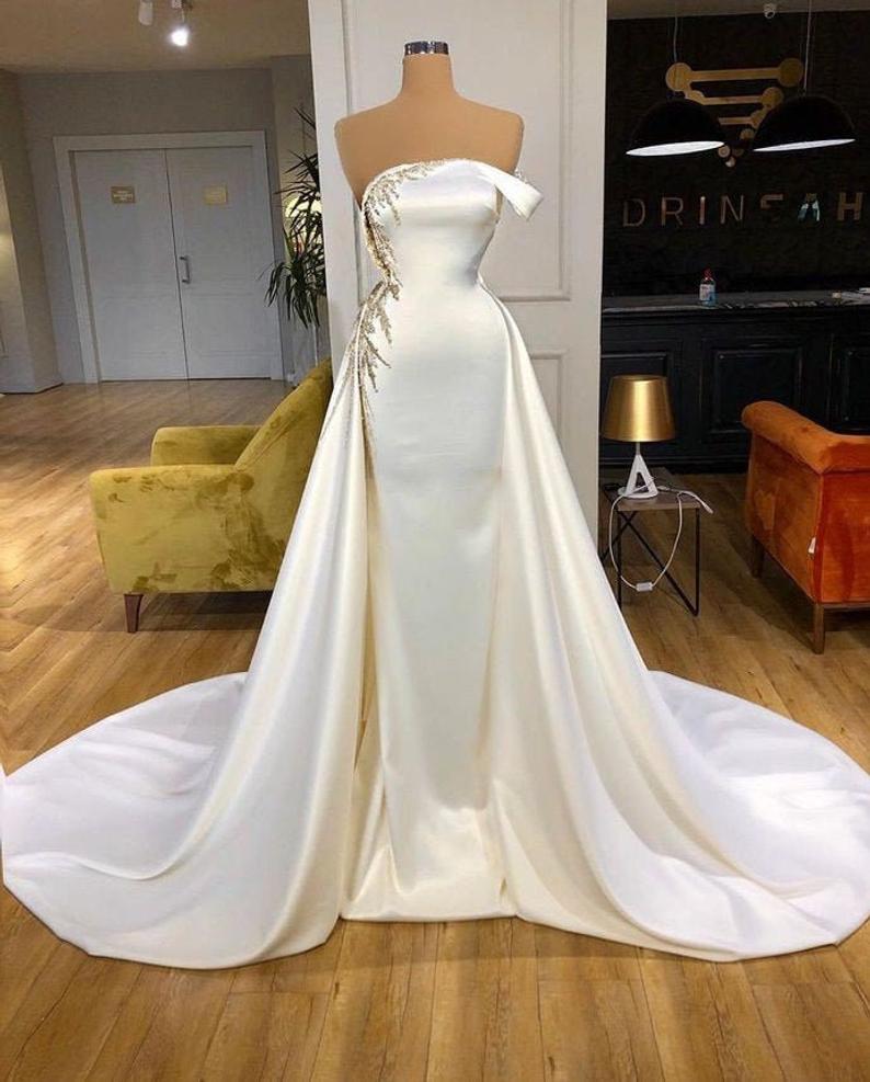 White Silk Wedding Dress, African Mermaid Wedding Dress, Satin Wedding Dress, Custom Wedding Reception Dress,pl3372