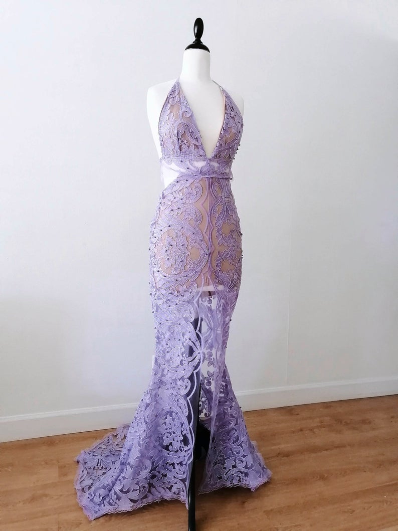 Purple Mermaid Evening Gown/ Beaded Lace Evening Dres/ Red Carpet Formal Evening Dress/ Ball Gown Prom Party Pageant/ Mermaid Evening