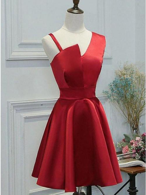 A-line One Shoulder Sleeveless Red Short Homecoming Dress,pl3405