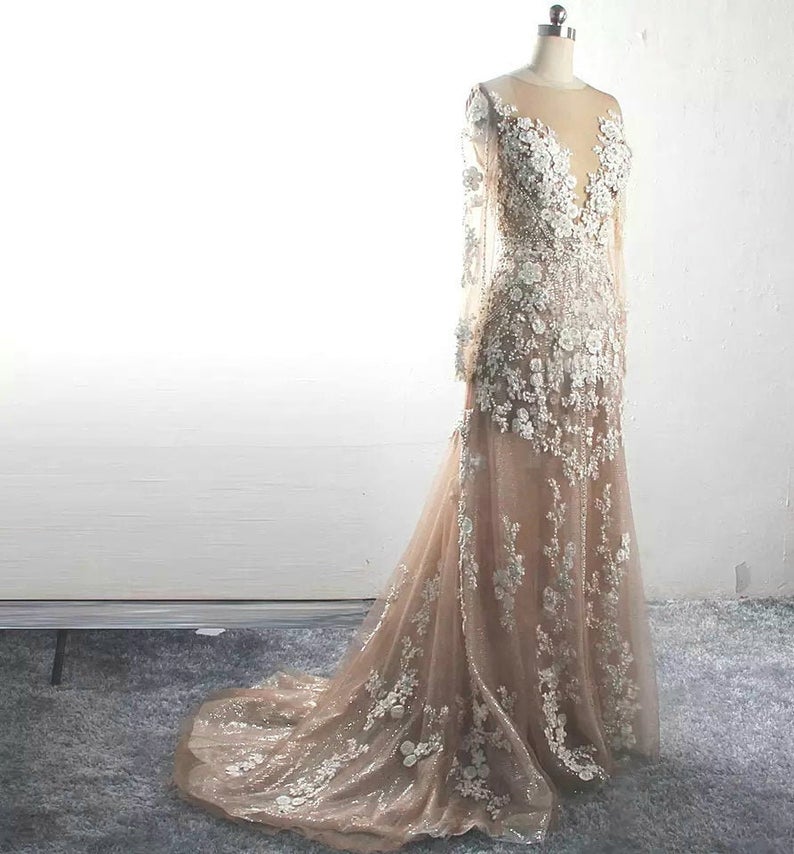 Wedding Dress, Rustic Dress, Illusion Dress, Romantic Wedding Dress, Lace Wedding Dress, Wedding Gown, Naked Effect,pl3429