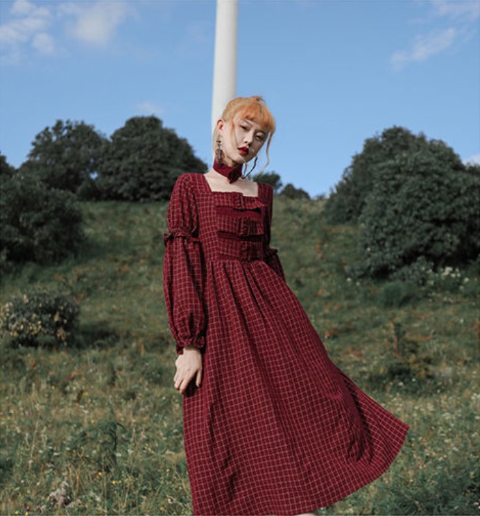 Red Plaid Gothic Kawaii Lantern Sleeve Dress,pl3437
