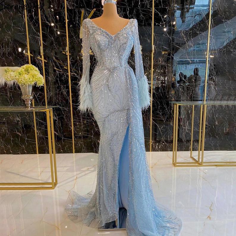 Elegant Blue Lace Mermaid Evening Dress--evening Gown--dress For Photoshoot-feathers Formal Prom Dresses-bridesmaids Dress--dinner Dress,pl3542
