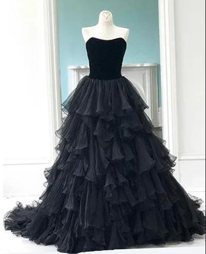 Princess Black Tulle Sweetheart Neck Long Multi-layer Evening Dress, Prom Gown.pl3566