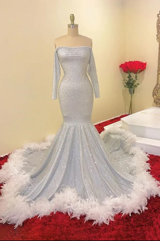 Long Sleeves Prom Dress, Sequin Prom Dress, Silver Prom Dress.pl3567 on