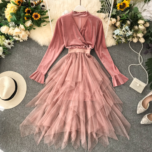 Romantic Velvet Lace Long Dress,pl3594