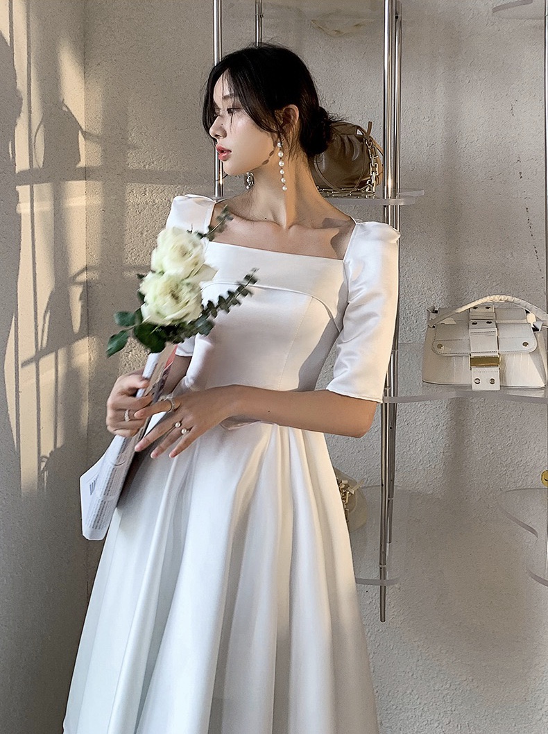 White small evening dress, new style, temperament, satin light wedding dress,custom made,cheap on sale,PL3600