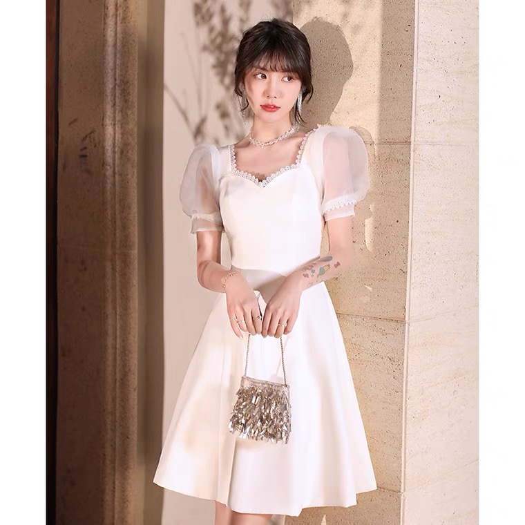 White Evening Dress, Style, Sweet Graduation Dress, Bubble Sleeves Midi Dress,custom Made,pl3608