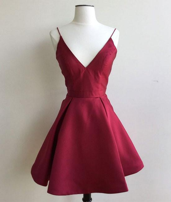 Simple V Neck Burgundy Short Prom Dress, Burgundy Homecoming Dress,pl3627