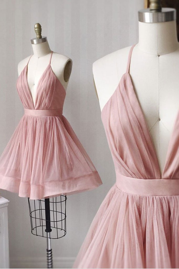Simple V Neck Tulle Pink Short Prom Dress Pink Bridesmaid Dress,pl3630