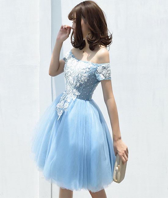 Cute Tulle Blue Lace Applique Short Prom Dress, Cute Homecoming Dress,pl3643