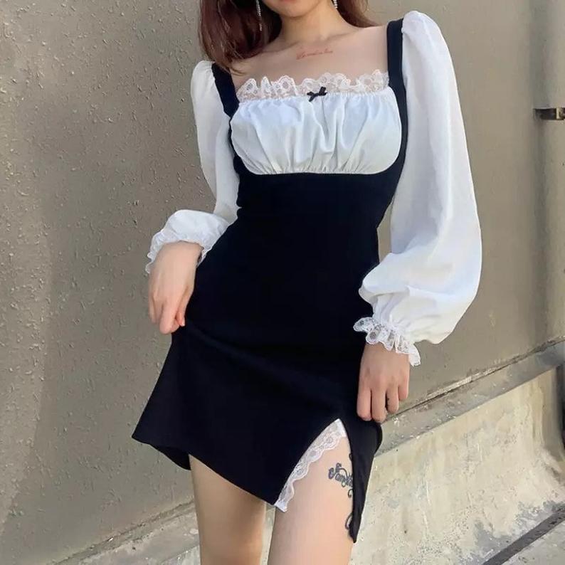 Victorian Style White Shirt Black Dress Cottage Core Lolita,pl3690