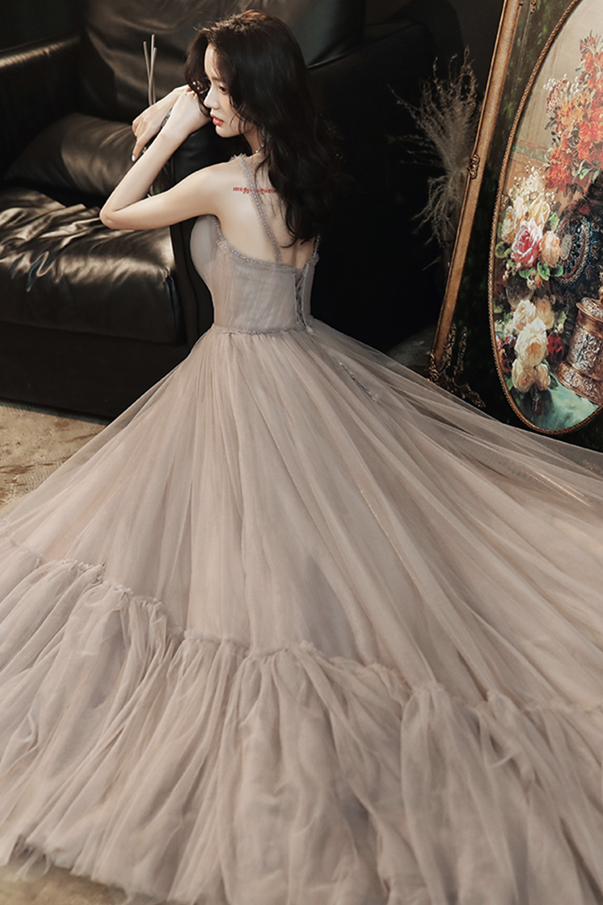 A-line V-neck Tulle Long Prom Dress, Slit Evening Dress With Appliques main image 1