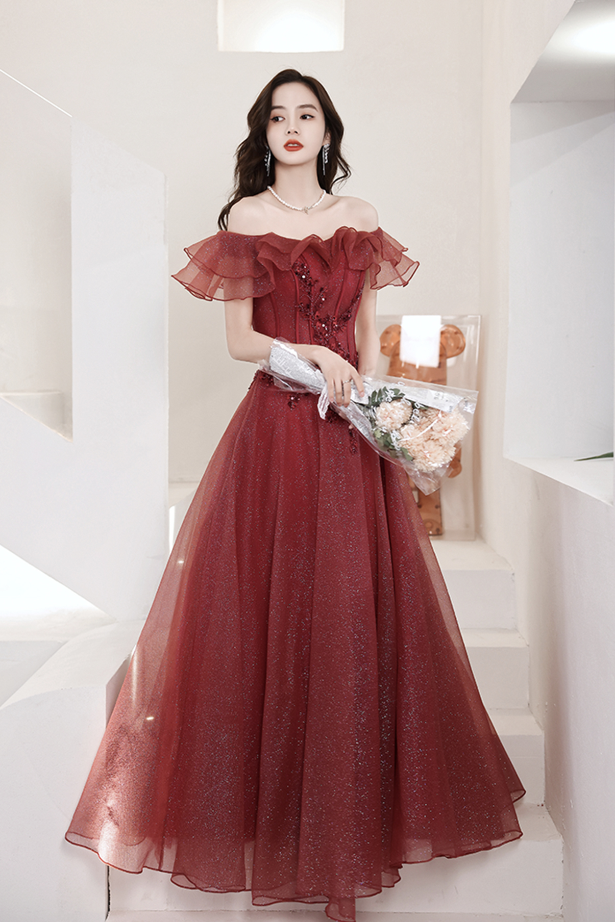 Burgundy Tulle Long A Line Prom Dress Evening Dress,pl3716