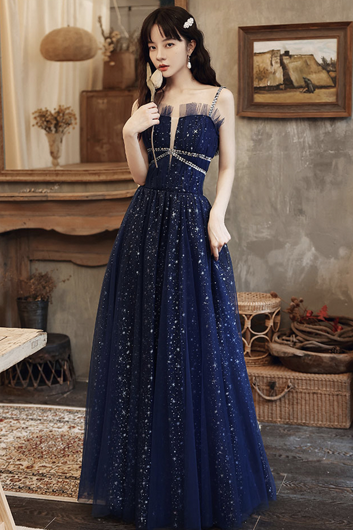 Blue Tulle Long A Line Prom Dress Blue Evening Dress,pl3719