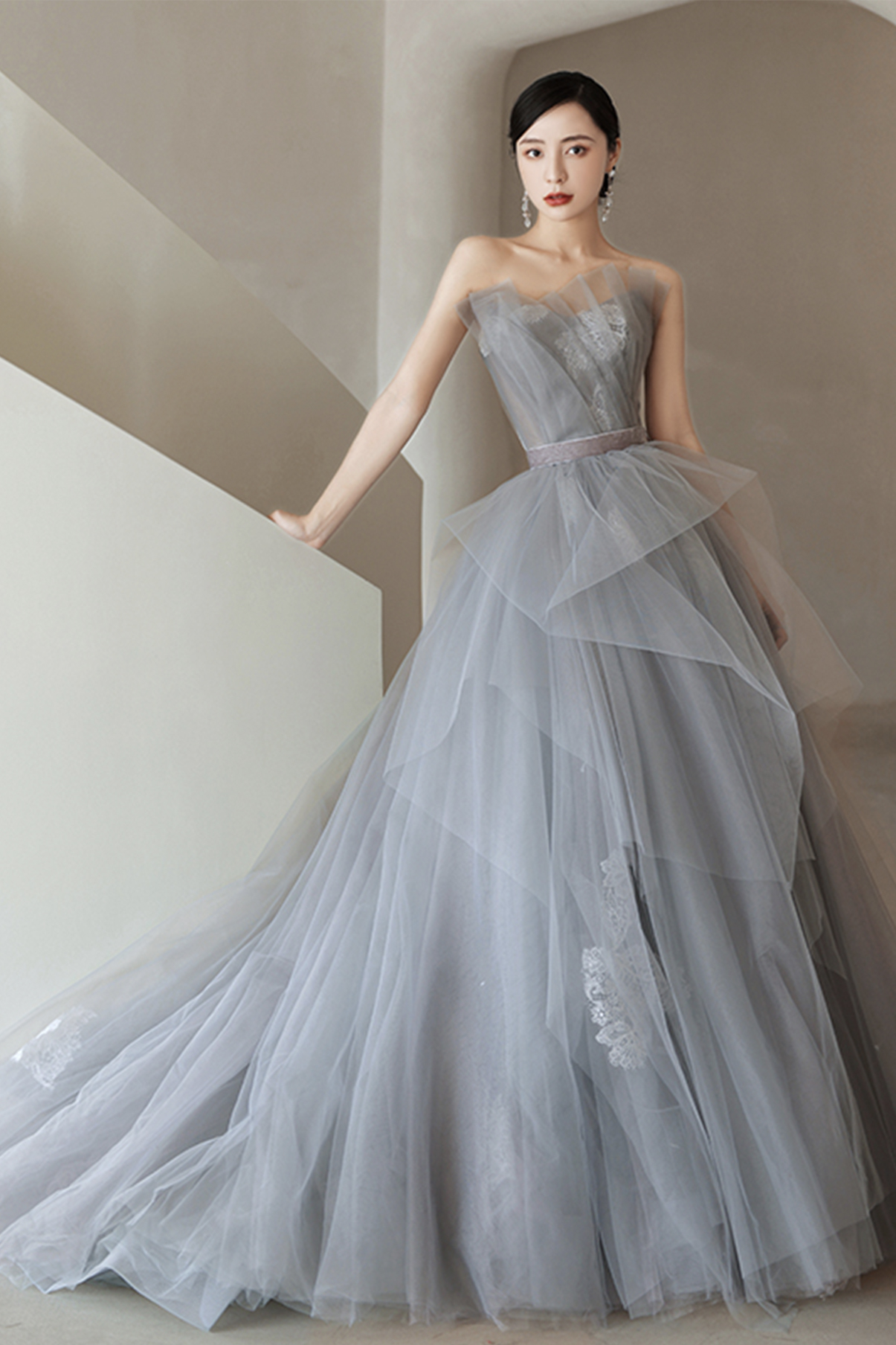 Gray Tulle Lace Long Ball Gown Dress Formal Dress,pl3720