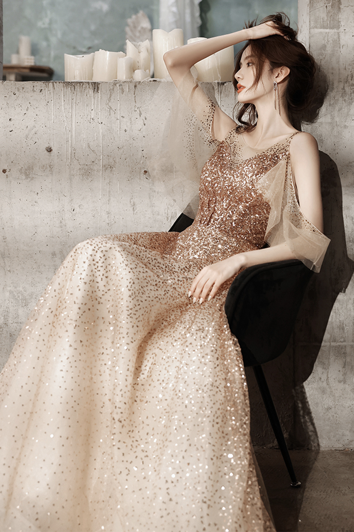 Sequines Beaded Long Sleeve A-line Long Girl Dress Gold