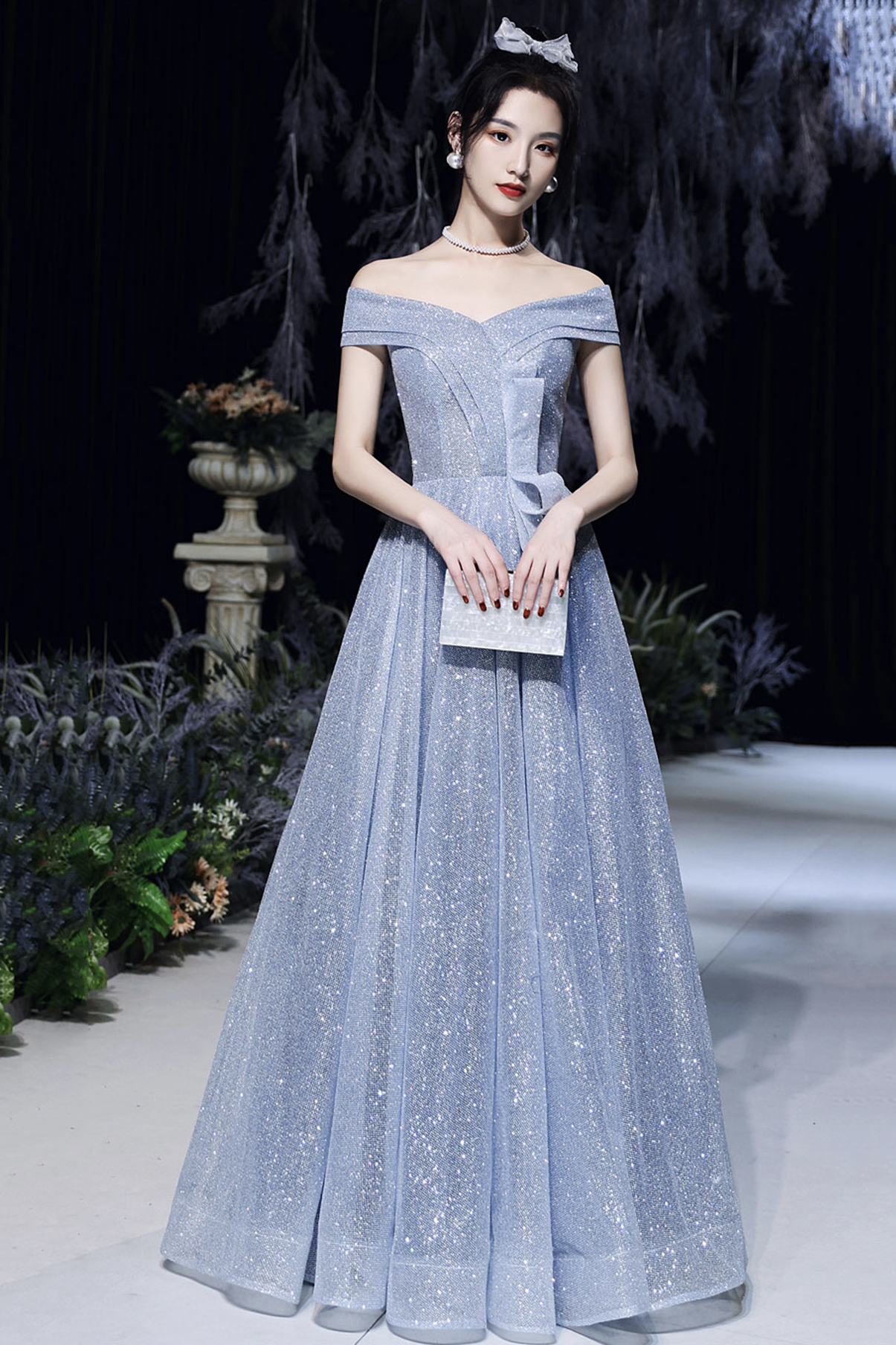 Cute Shiny Tulle Long Formal Prom Dress, A-Line Short Sleeve Evening Party Dress main image 0